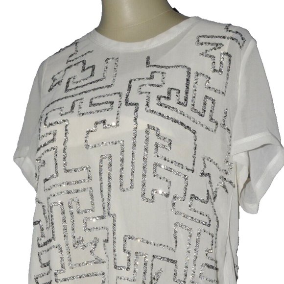 3.1 PHILLIP LIM SZ 6 S SMALL WHITE SILVER MAZE EMBROIDERED SEQUINS BLOUSE TOP - Picture 3 of 11